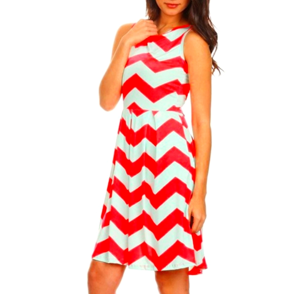 Pink and Mint Chevron Fit and Flare Dress